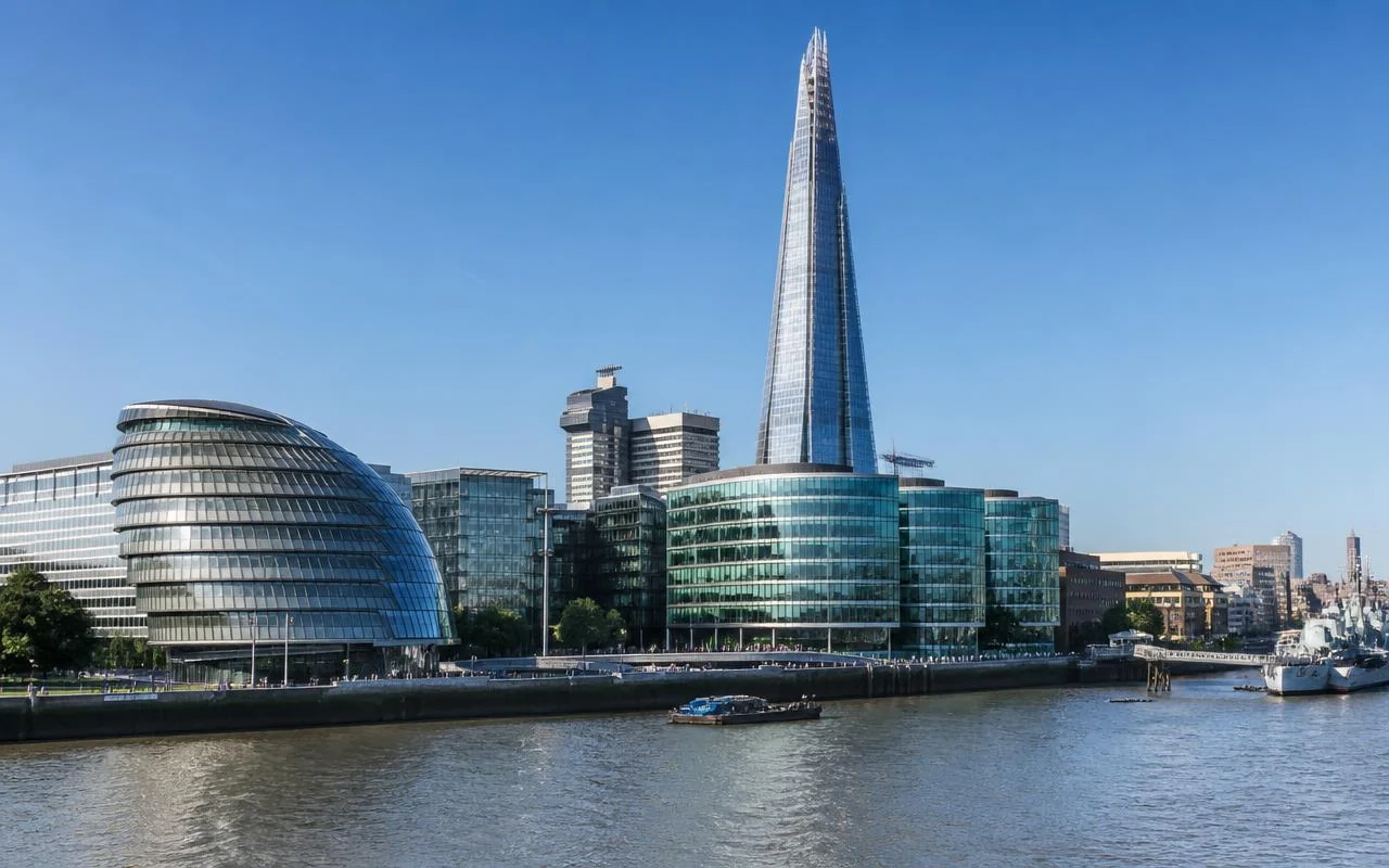 The Shard and the riverside offices at Southwark on the River Thames, London