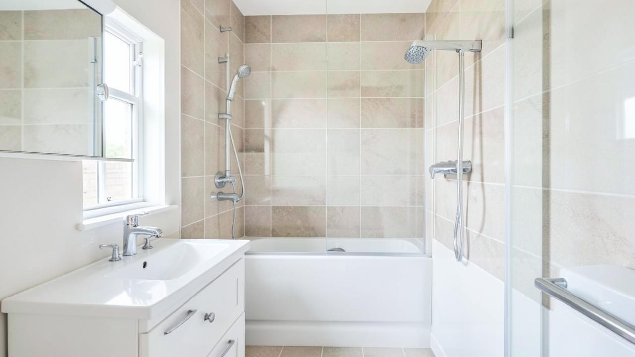 Finished bathroom with tiled walls, basin and glass shower screen