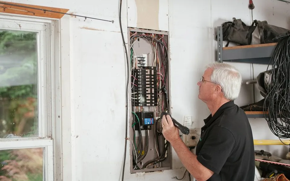 Consumer unit being tested with a voltage tester