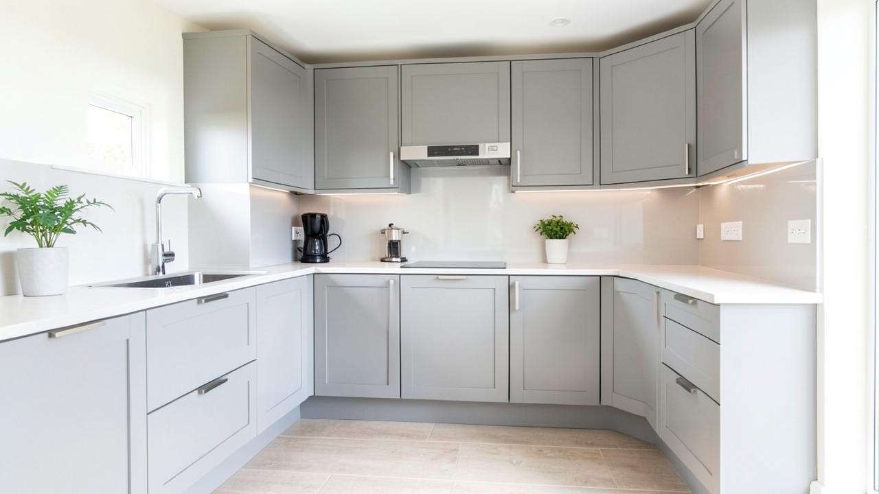 Newly fitted kitchen with grey units and clear worktops