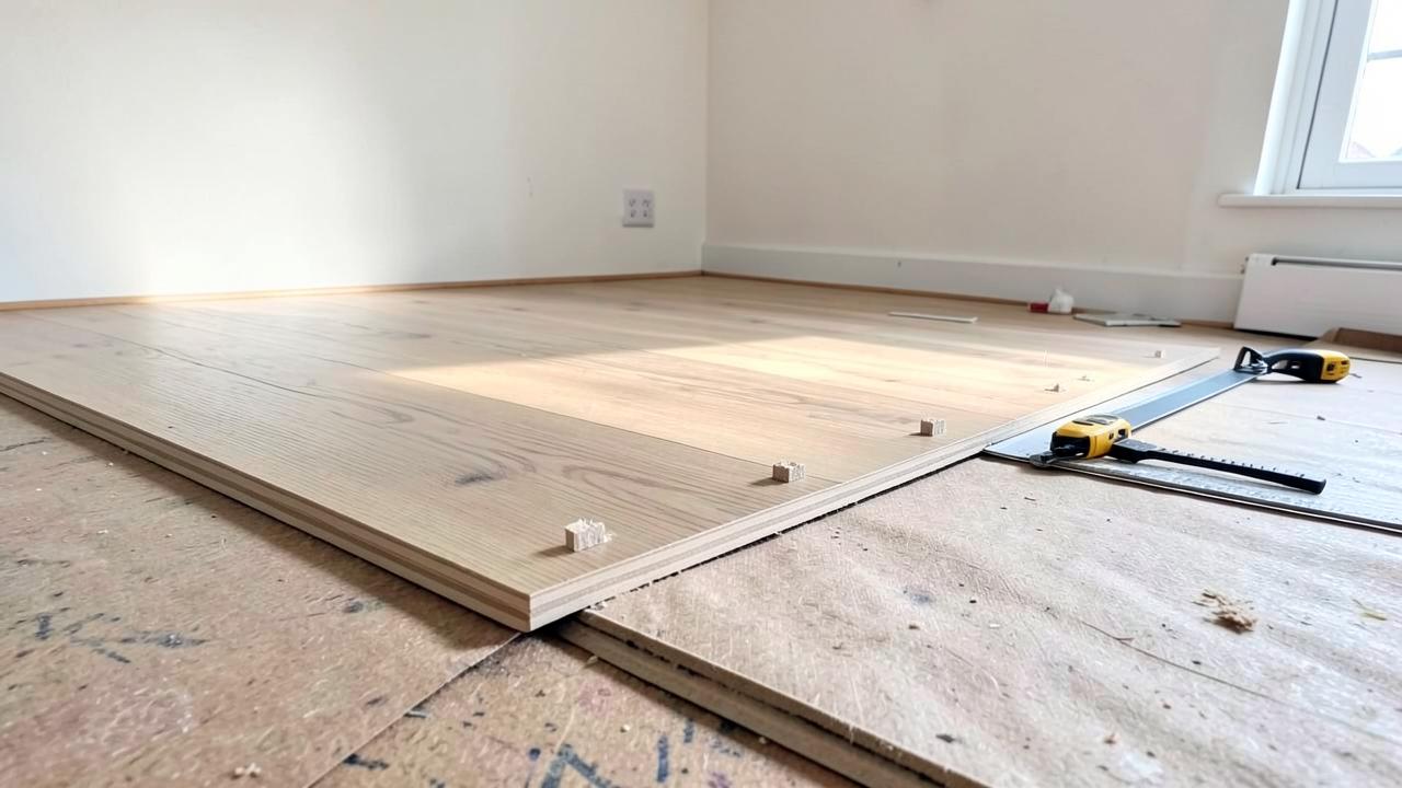 Laminate boards part-laid across a room with tools on the subfloor
