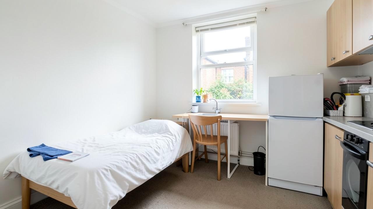 Turned-around student room with a made bed and clean kitchenette