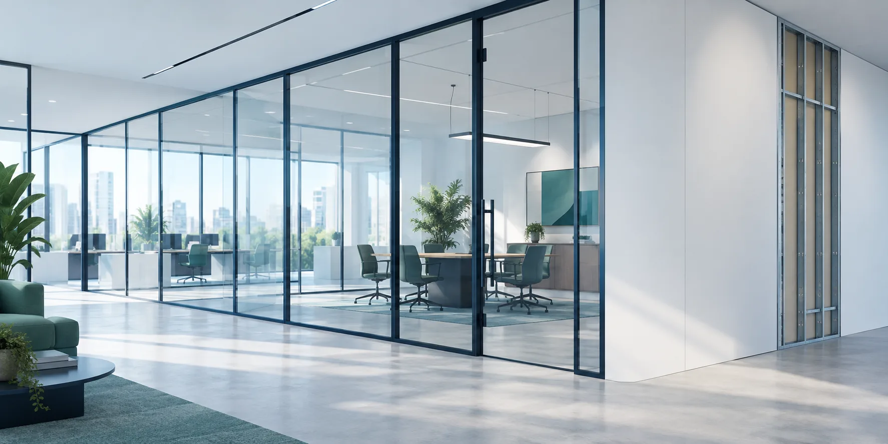 Architectural illustration of an office with full-height glass partitions, a glass door and a complementary drywall partition with metal studs.