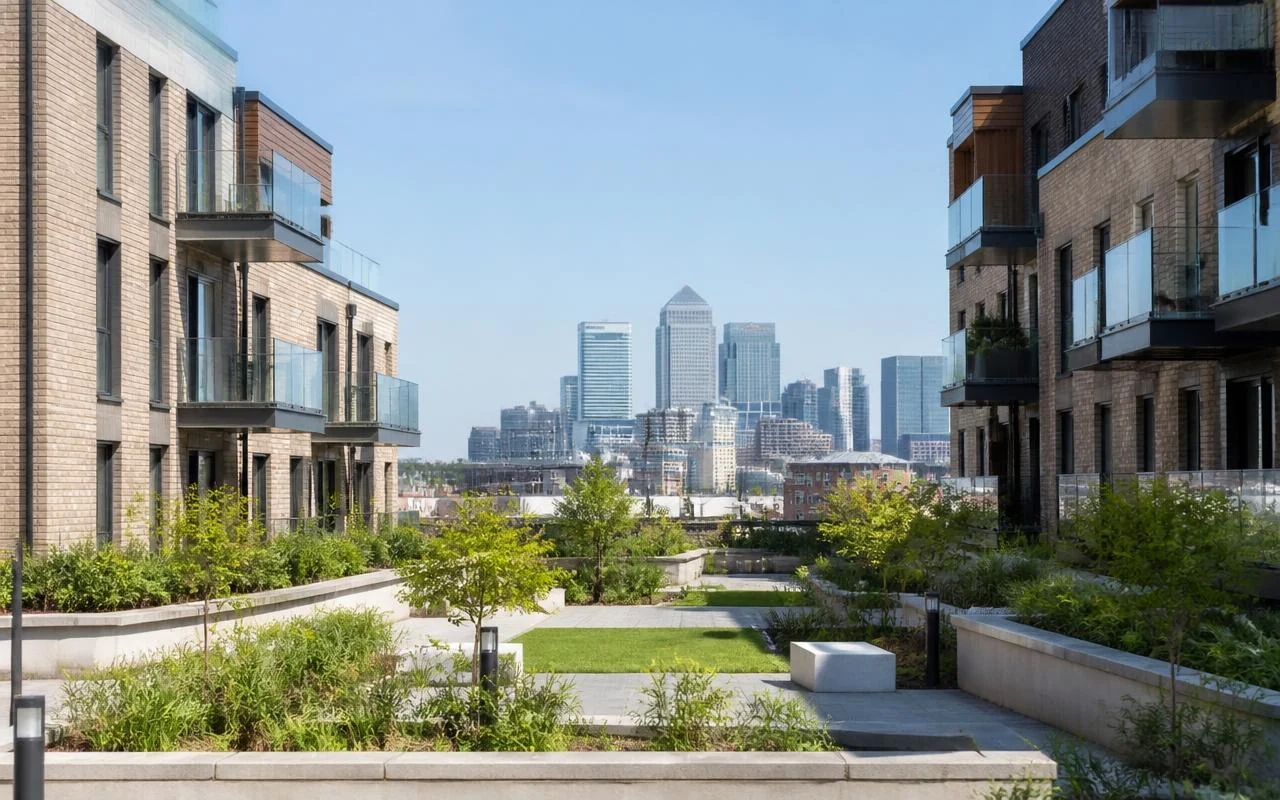 Modern low-rise apartment buildings with landscaped communal space in east London