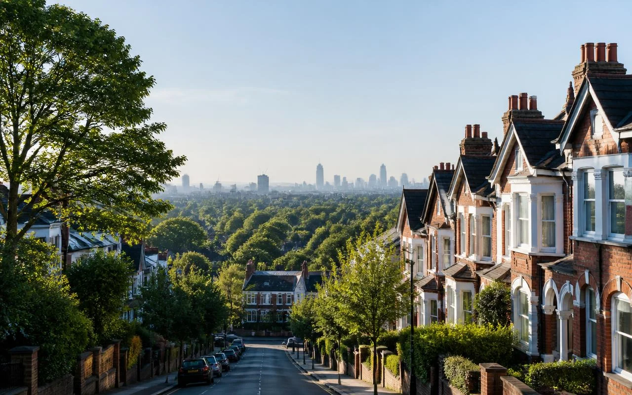 Tree-lined residential street with brick family houses in north London