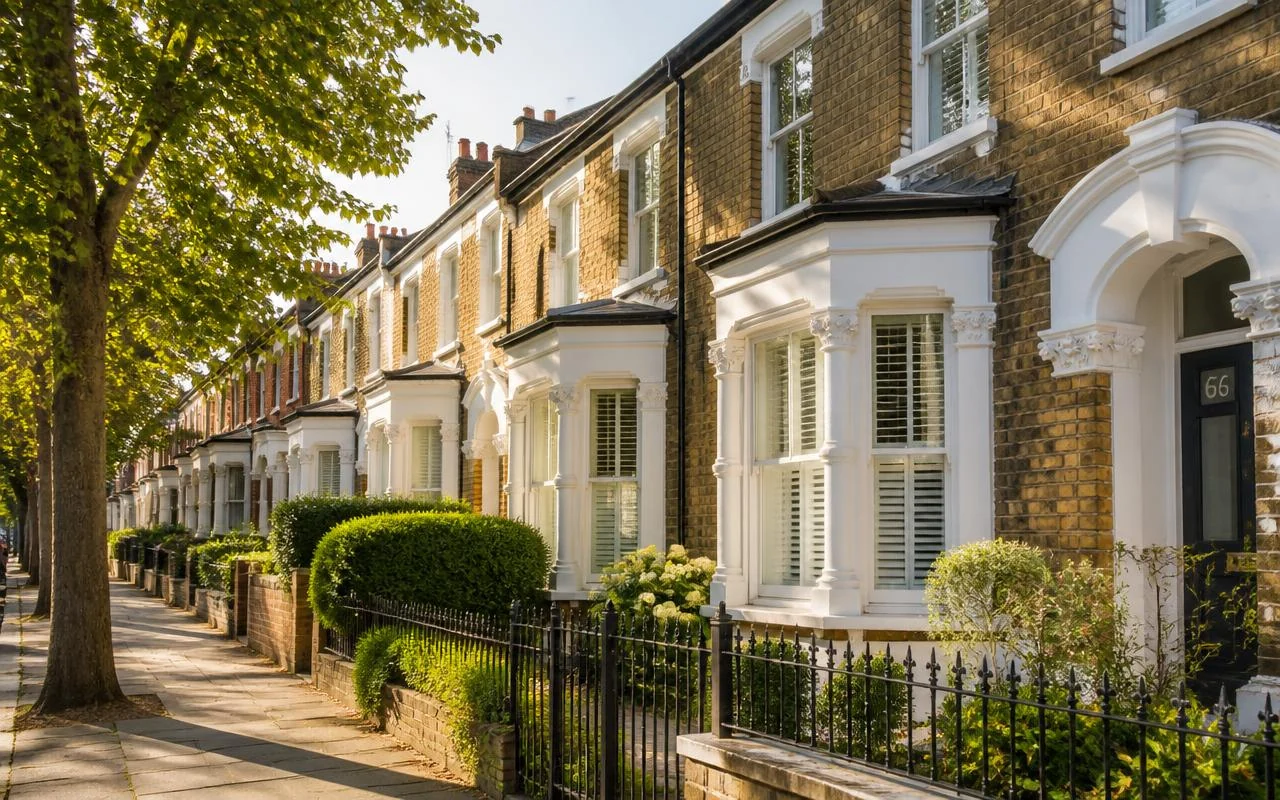 Victorian terraced houses and mature street trees in south London