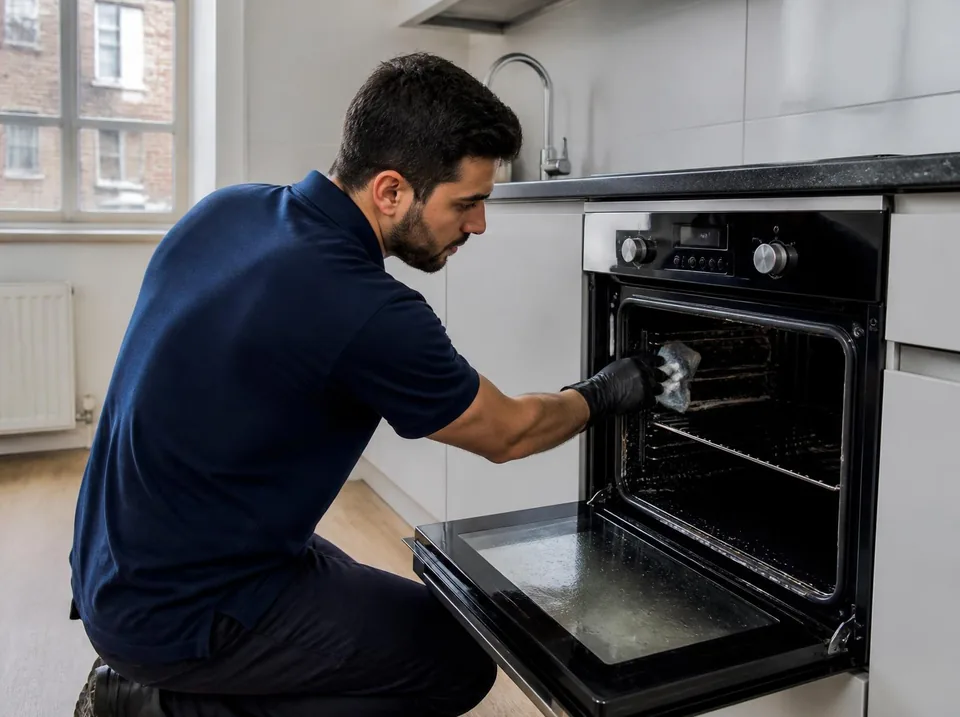 Detailed cleaning of a kitchen worktop and fittings