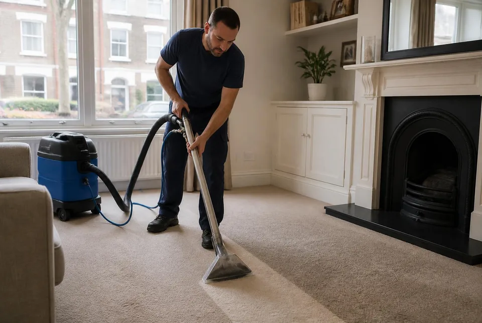 Carpet being cleaned with a hot water extraction machine in a London living room