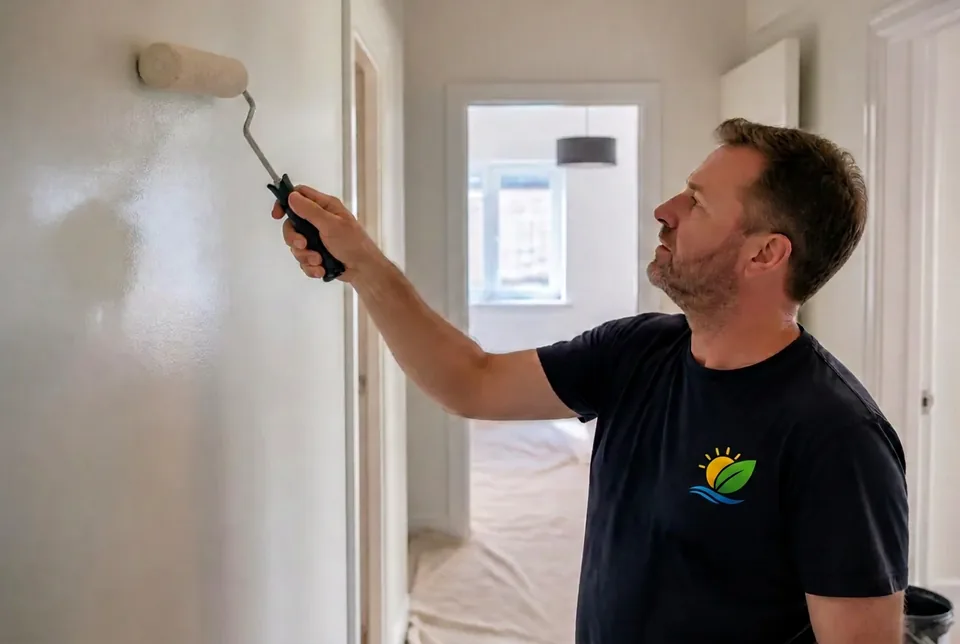 Fresh paint being rolled onto an interior wall